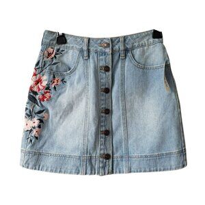 NEW Pacsun Floral Embroidered Blue Denim Skirt Miranda Coastal Cowgirl Girly